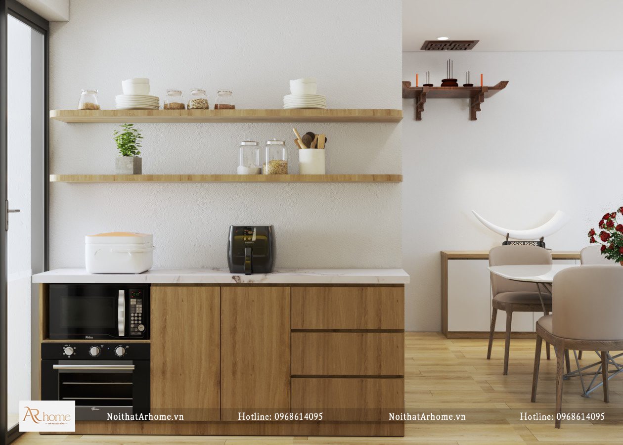 Thiết kế mẫu tủ bếp hình chữ I có kệ trang trí