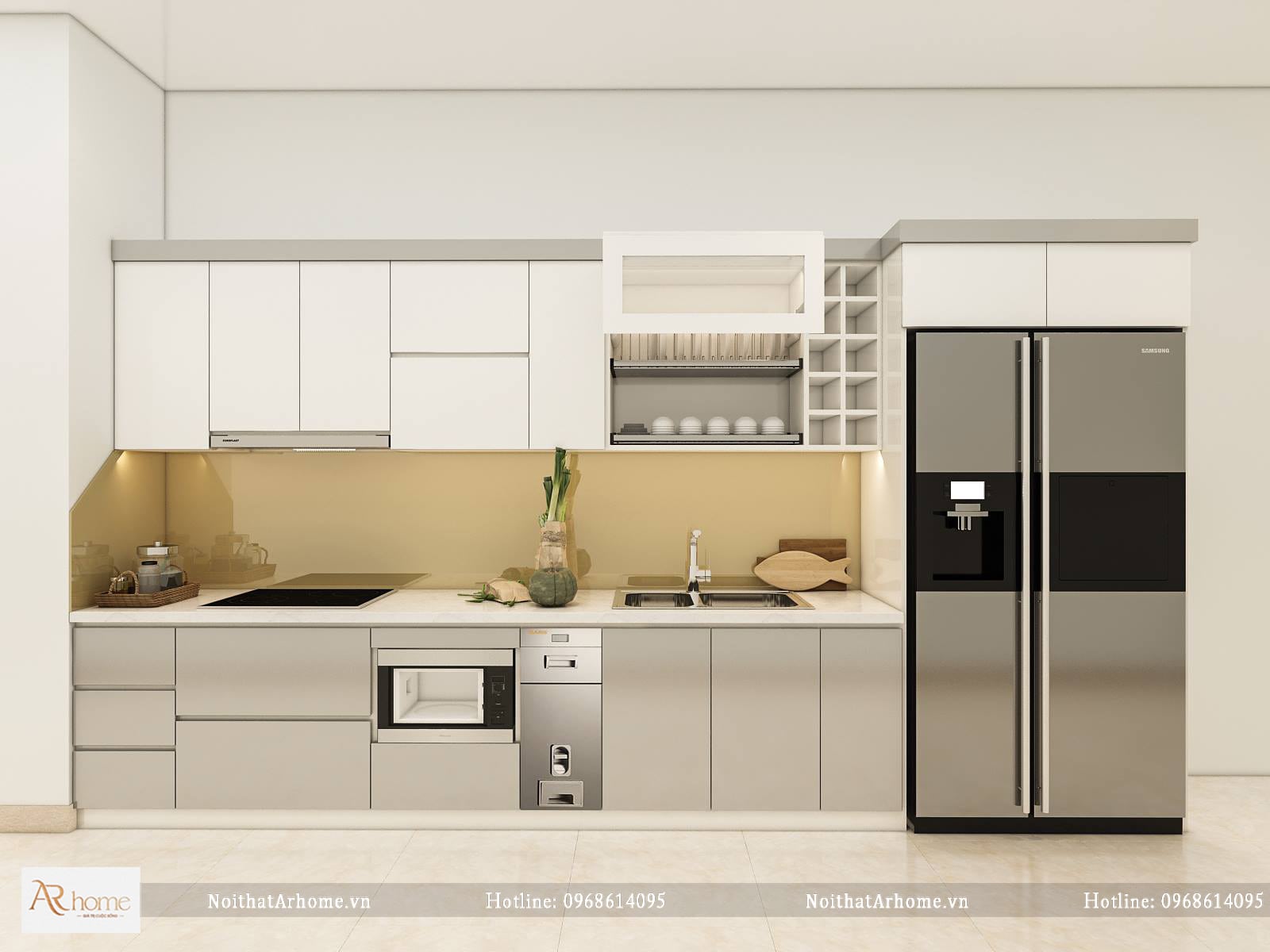 Mẫu tủ bếp gỗ chữ I đẹp tone màu sáng