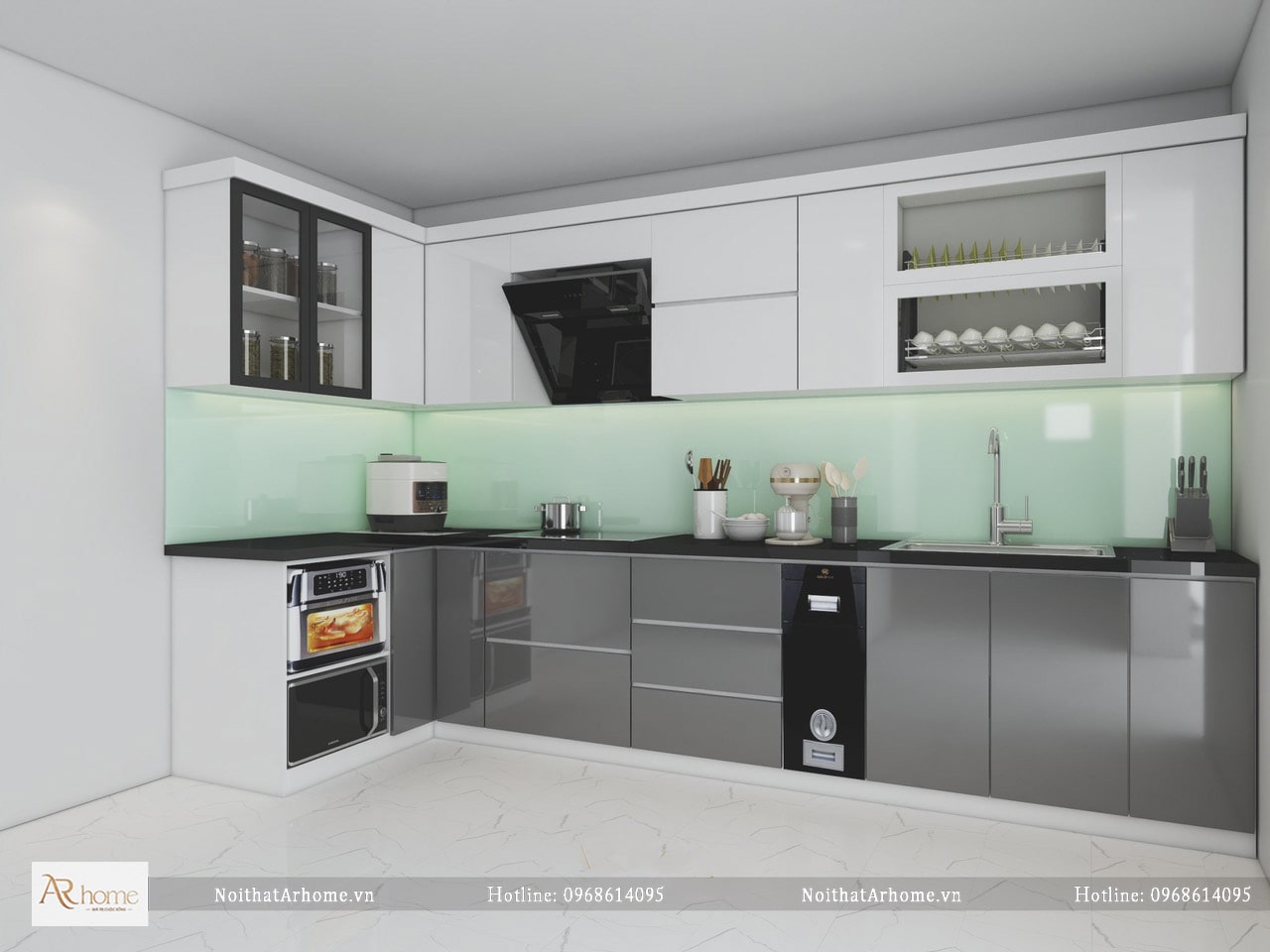 Thiết kế mẫu tủ bếp nhựa cánh phủ Acrylic