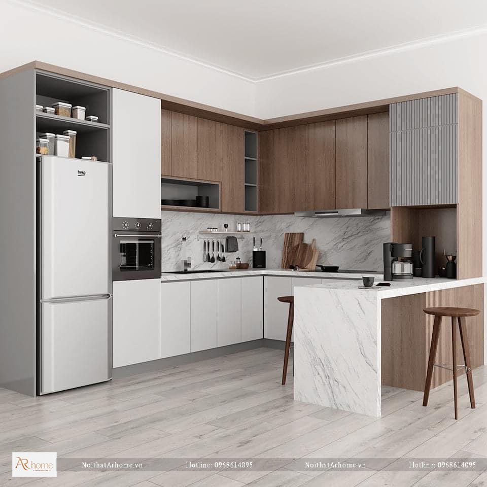 Thiết kế tủ bếp gỗ công nghiệp kết hợp bàn đảo