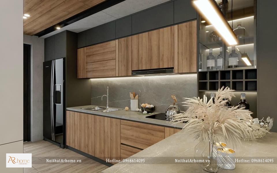 tủ bếp gỗ công nghiệp chữ I đơn giản bằng gỗ công nghiệp