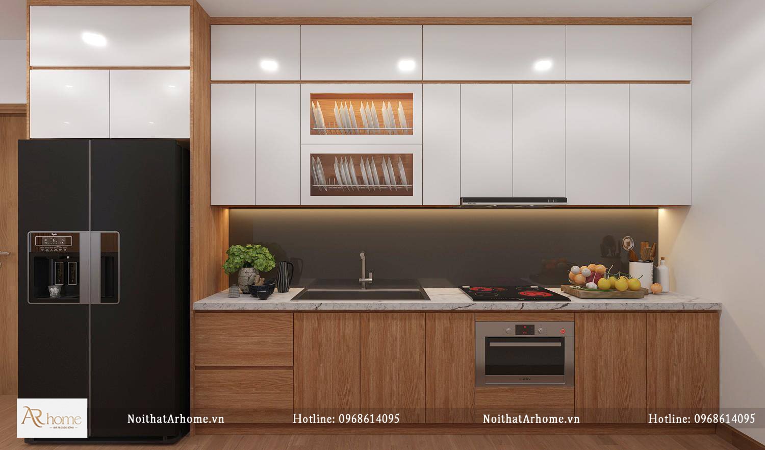 Tủ bếp gỗ chữ I đẹp cao kịch trần