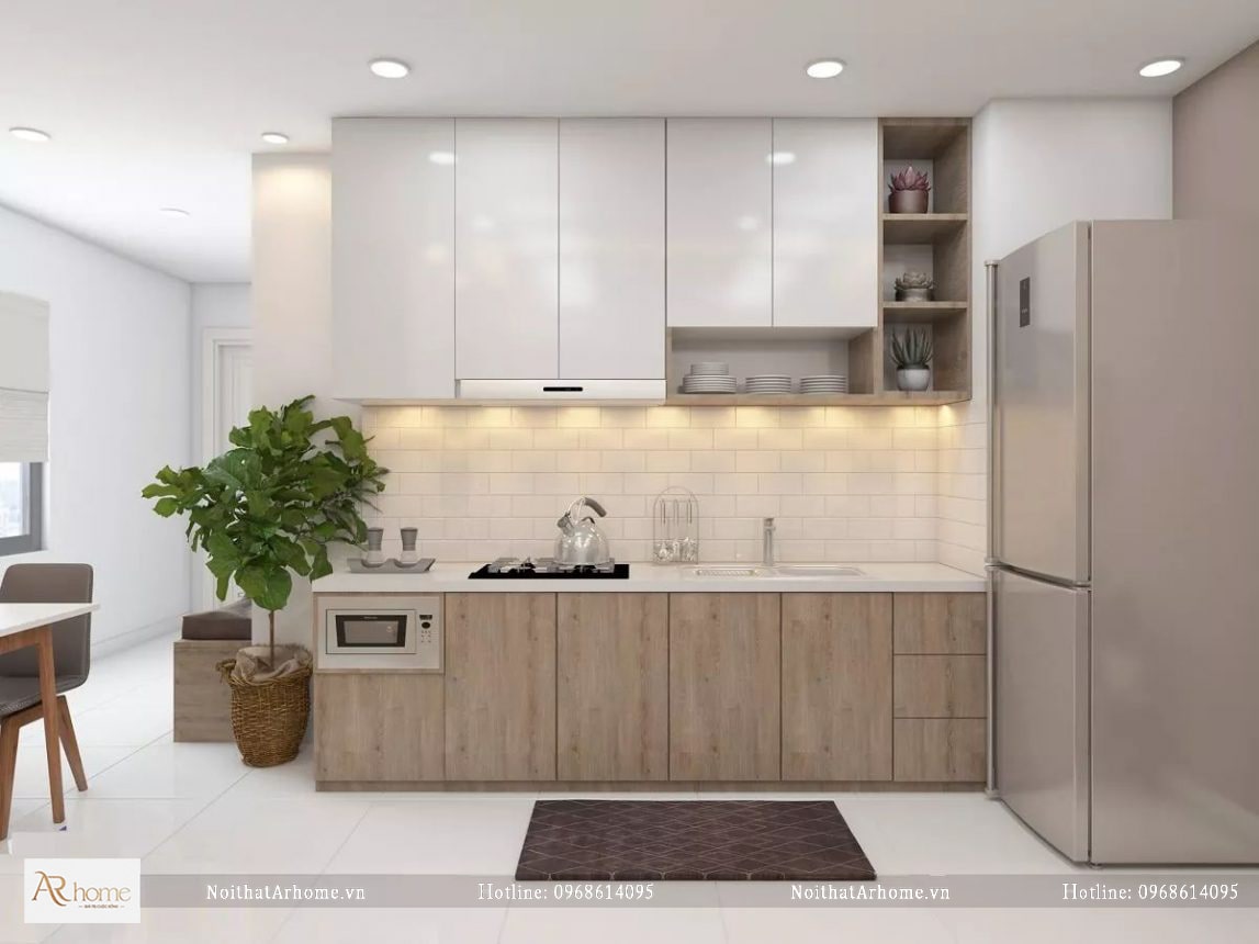 Mẫu tủ bếp đẹp hình chữ I kết với hộc tủ nổi bật ấn tượng và tiện dụng