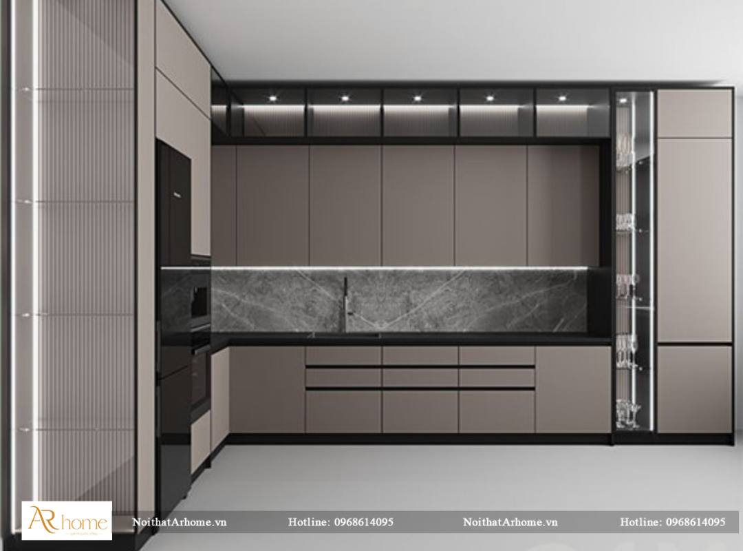 Tủ bếp inox cánh kính đẹp thu hút mọi góc nhìn