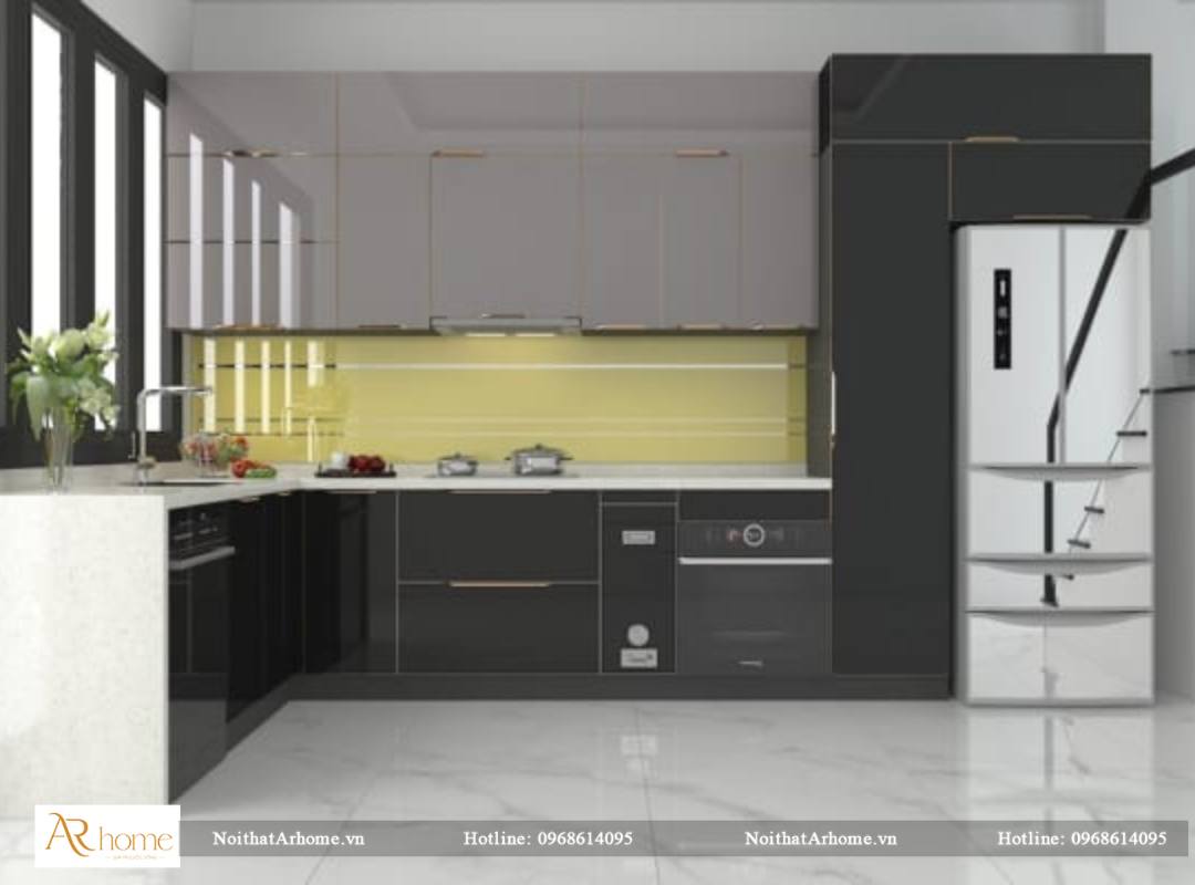 Tủ bếp inox cánh kính tinh tế trong đường nét thiết kế