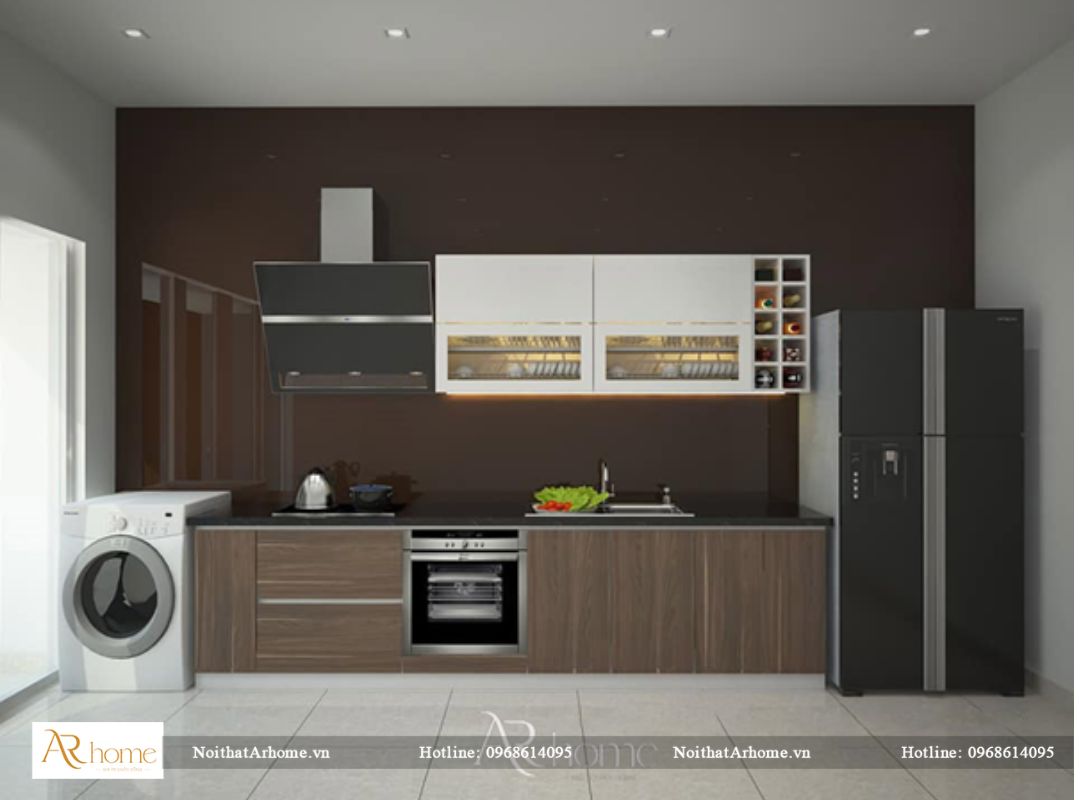 tủ bếp khung inox cánh Acrylic màu giả vân gỗ sang trọng
