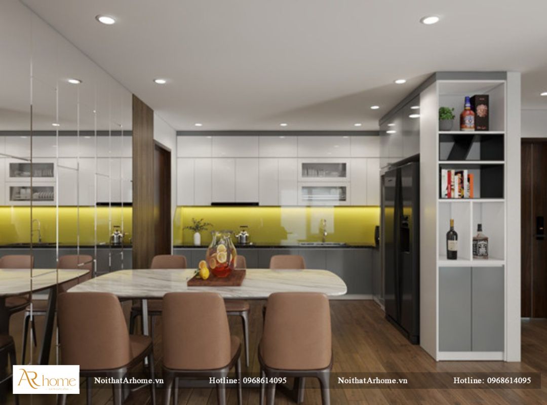 Tủ bếp thùng inox cánh Acrylic màu bạc hiện đại sang trọng