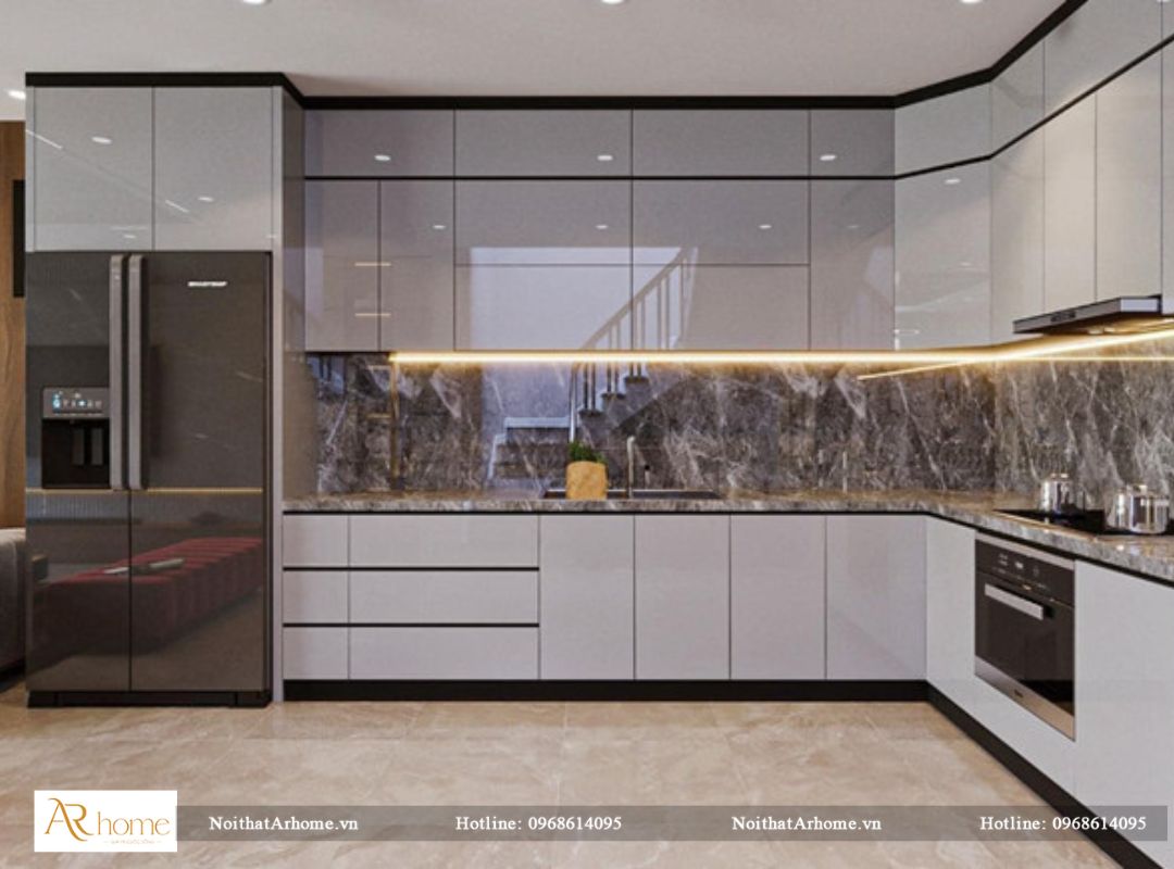 Tủ bếp inox 304, cánh gỗ công nghiệp Acrylic