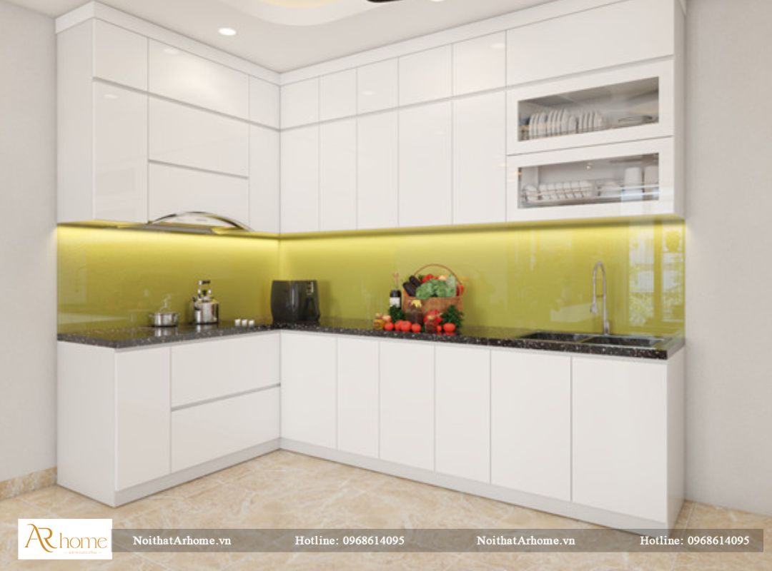 Tủ bếp thùng inox cánh Acrylic với gam màu trắng tinh tế