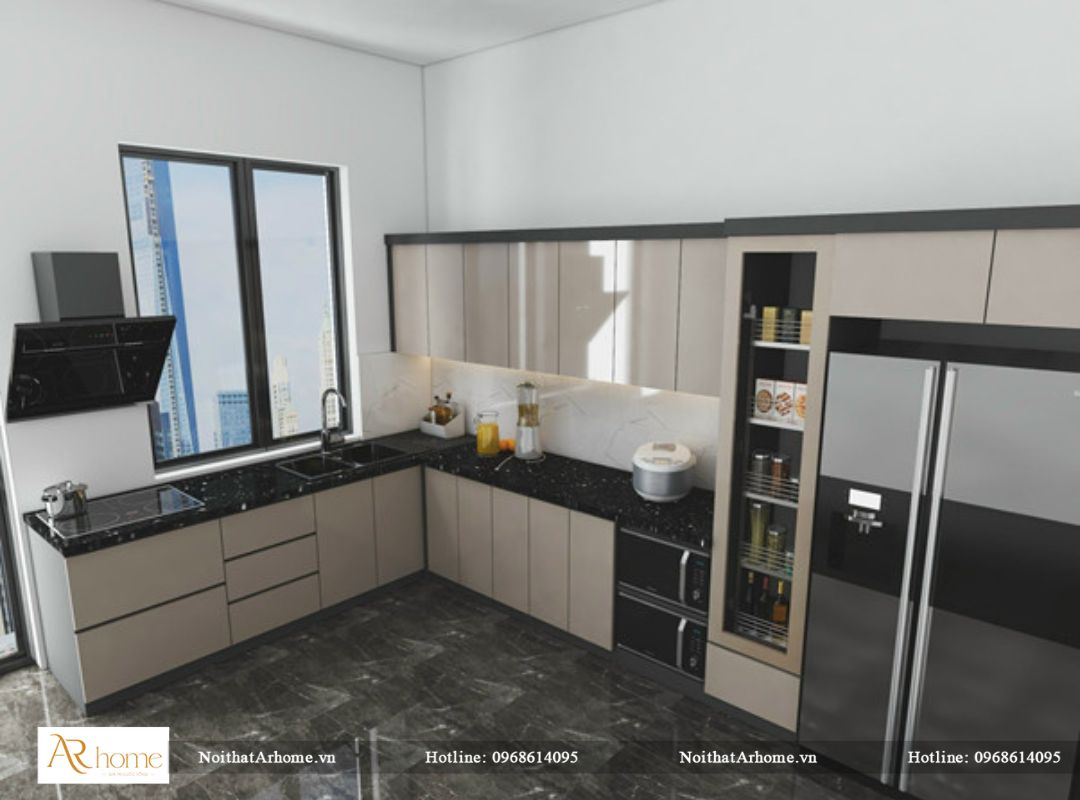 Tủ bếp thùng inox cánh acrylic tinh tế trong từng đường nét