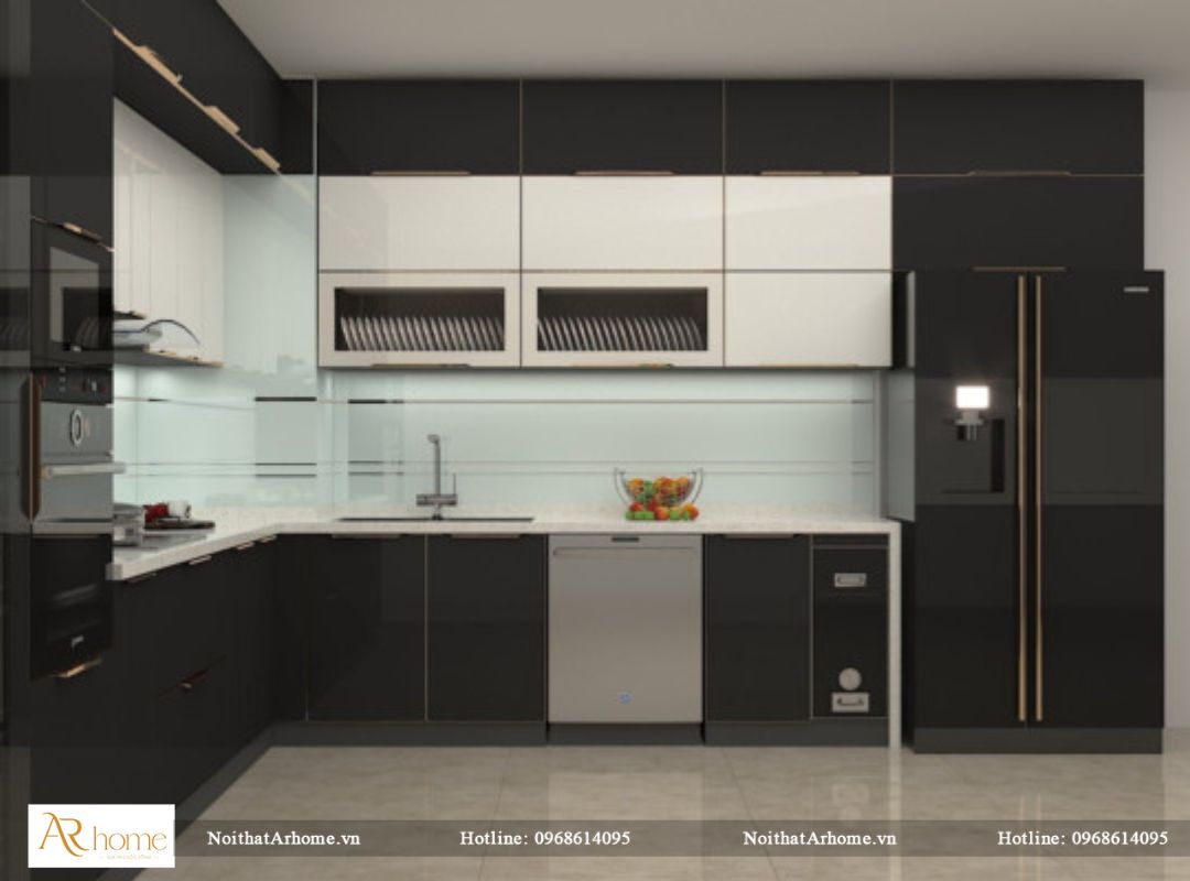mẫu tủ bếp inox cánh kính đen huyền bí và sang trọng