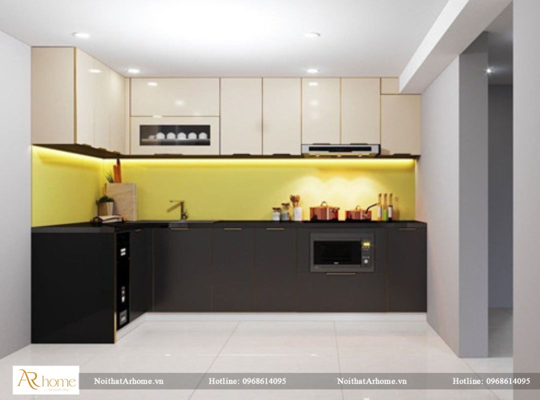 Tủ bếp inox cánh kính hình chữ L
