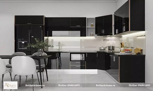 Mẫu tủ bếp inox cánh kính sáng bóng sang trọng