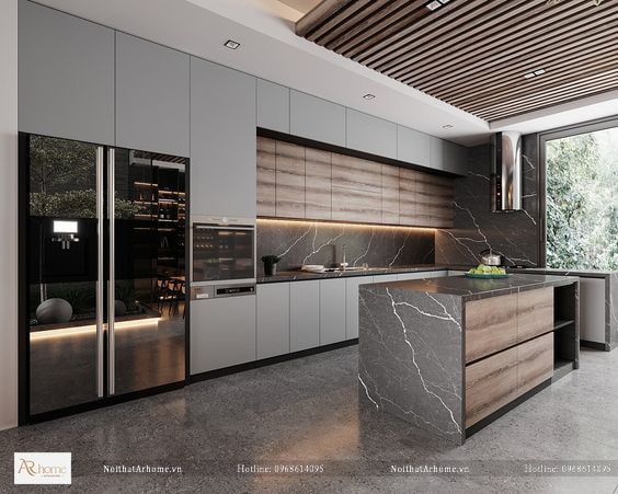 Tủ bếp nhựa cao cấp Acrylic có bàn đảo bếp