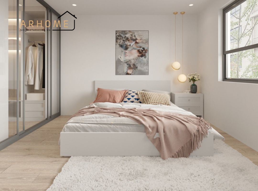Giường ngủ bằng gỗ công nghiệp tone màu trắng sáng