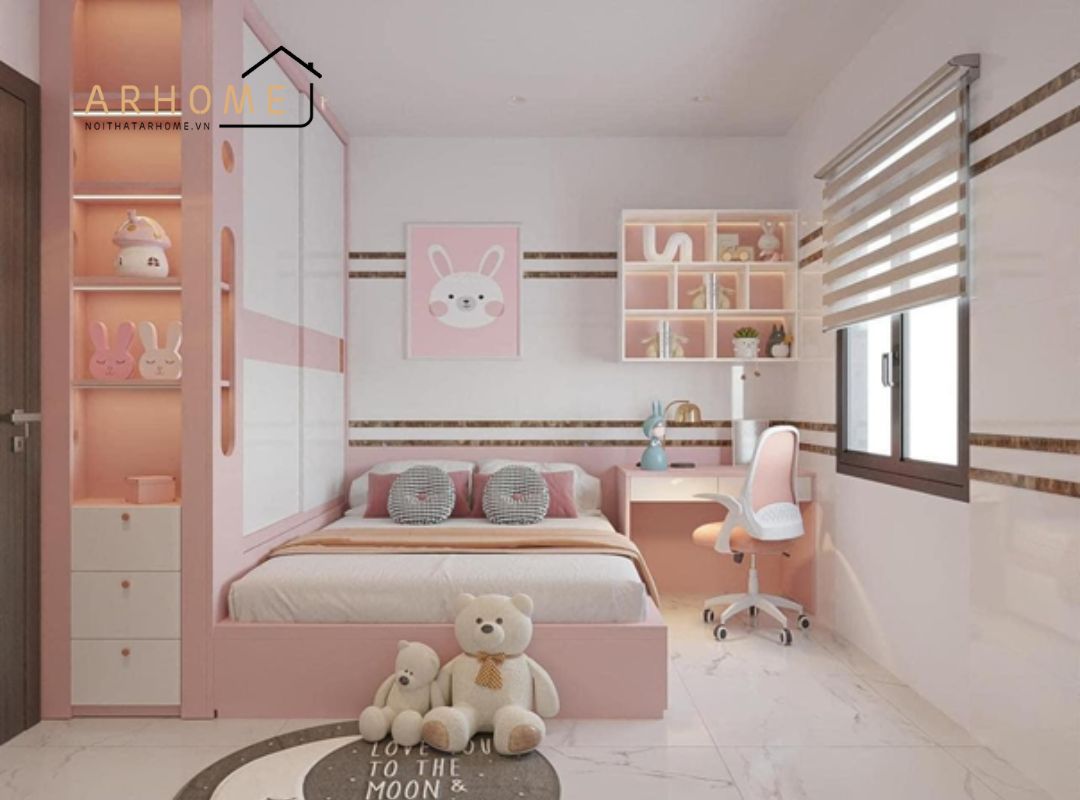 Phòng ngủ cho bé gái màu hồng hiện đại đầy đủ công năng