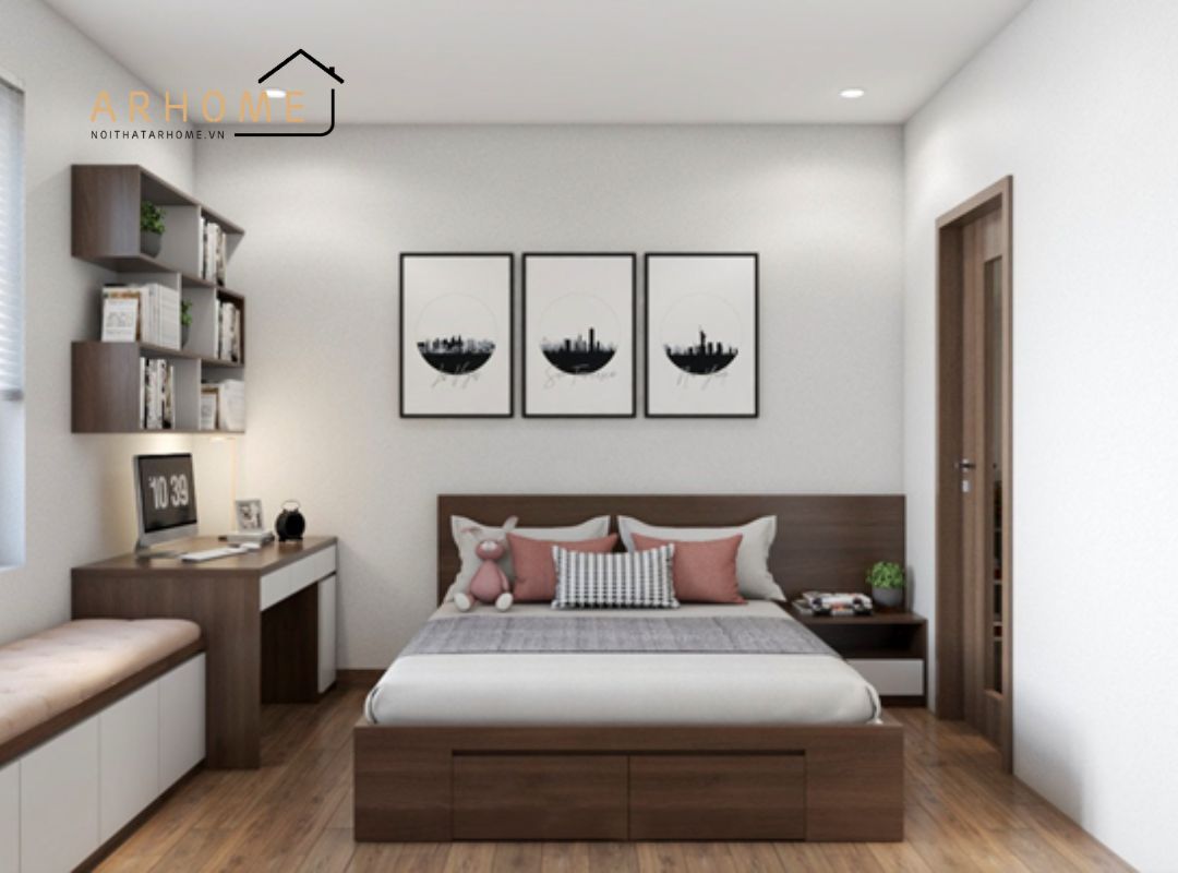Giường ngủ giá rẻ màu vân gỗ sang trọng cho bé gái