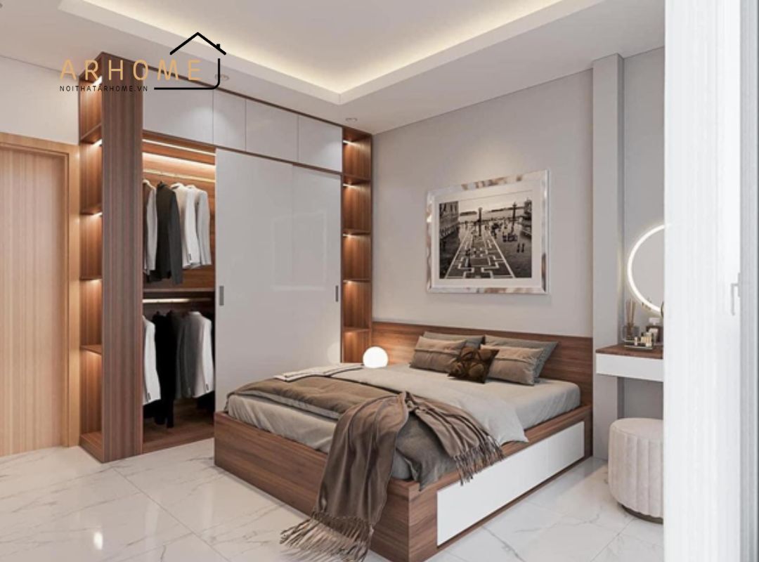 Giường ngủ gỗ công nghiệp màu vân gỗ có ngăn kéo chứa đồ