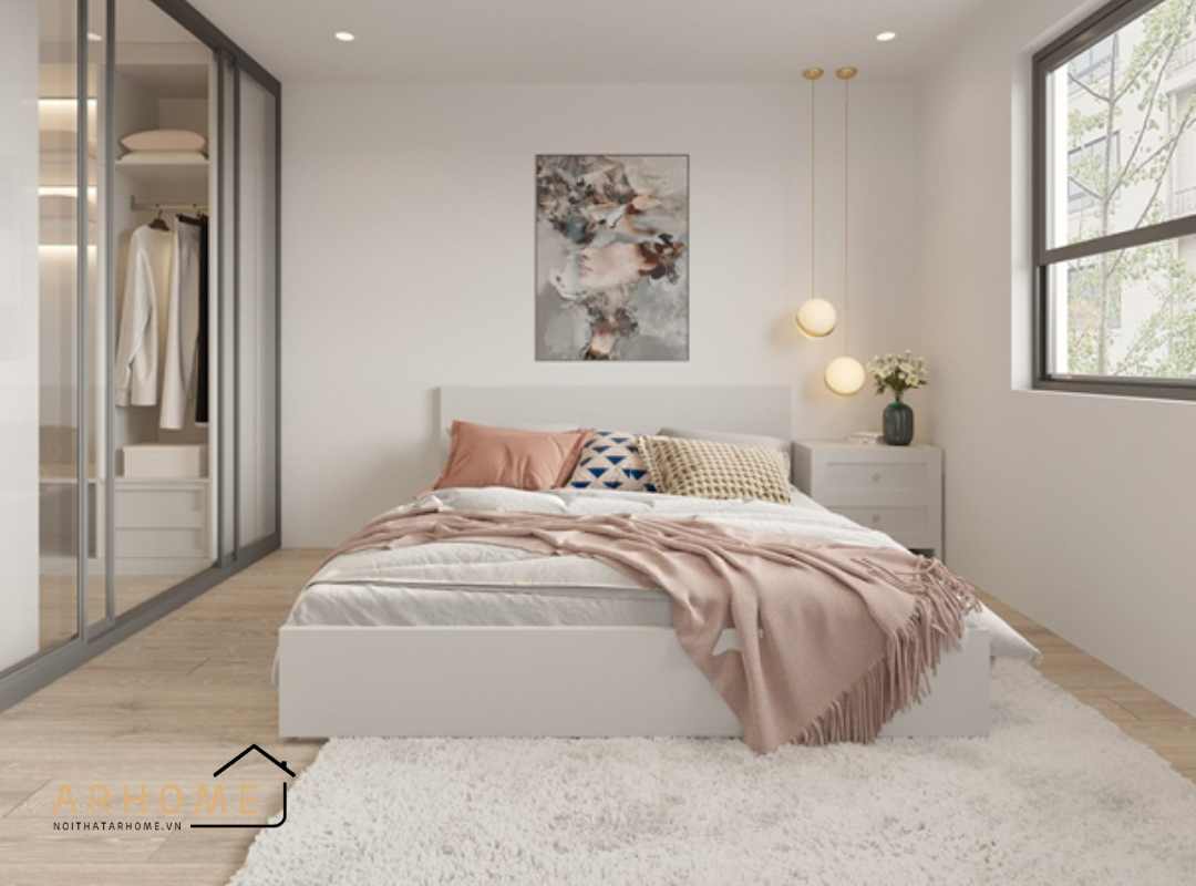 Giường ngủ màu trắng đơn giản tone màu sáng