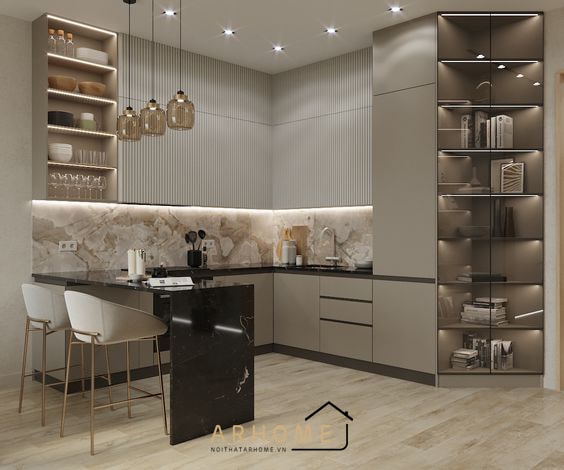 Hệ tủ bếp chữ U đầy đủ tiện nghi kết hợp với bàn đảo bếp