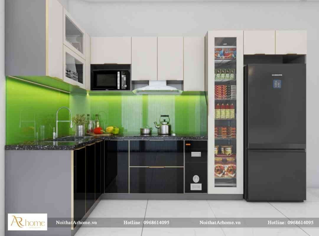 Tủ bếp inox cánh kính cường lực kiểu dáng gương