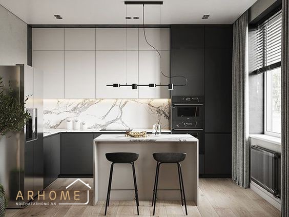 Kết hợp bàn đảo với mẫu tủ bếp chữ L nhỏ đẹp