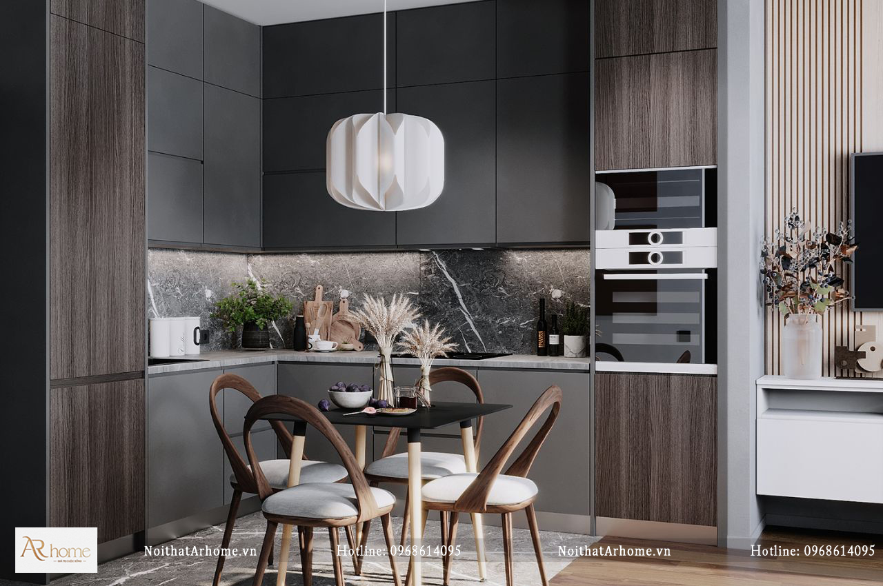 Mẫu tủ bếp cánh acrylic màu xám bóng gương cao cấp