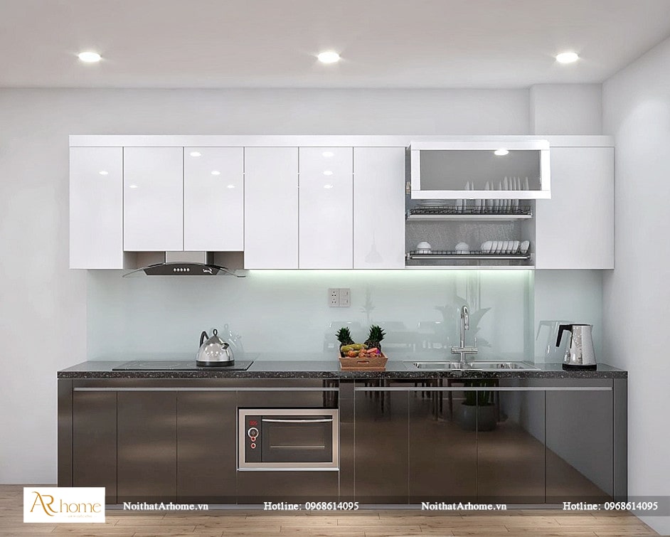Mẫu tủ bếp Acrylic hình chữ I bóng gương