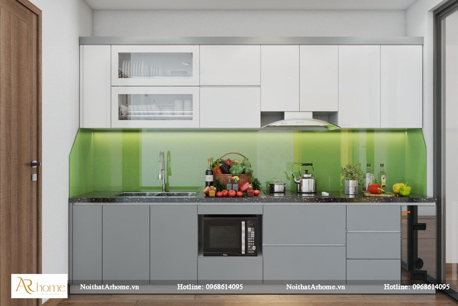 Mẫu tủ bếp Acrylic hình chữ I cho nhà nhỏ
