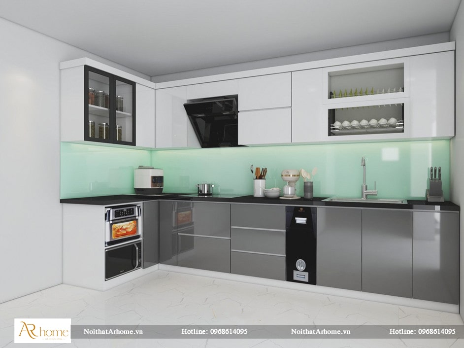 Mẫu tủ bếp Acrylic hình chữ L màu trắng mang đến sự sang trọng