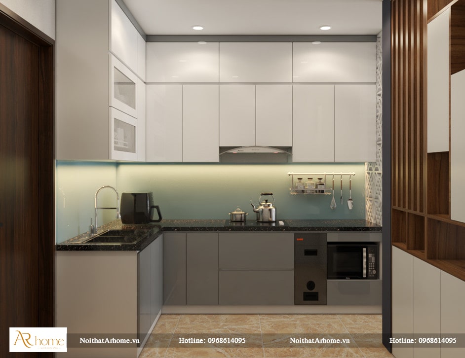 Mẫu tủ bếp Acrylic hình chữ U màu trắng sang trọng