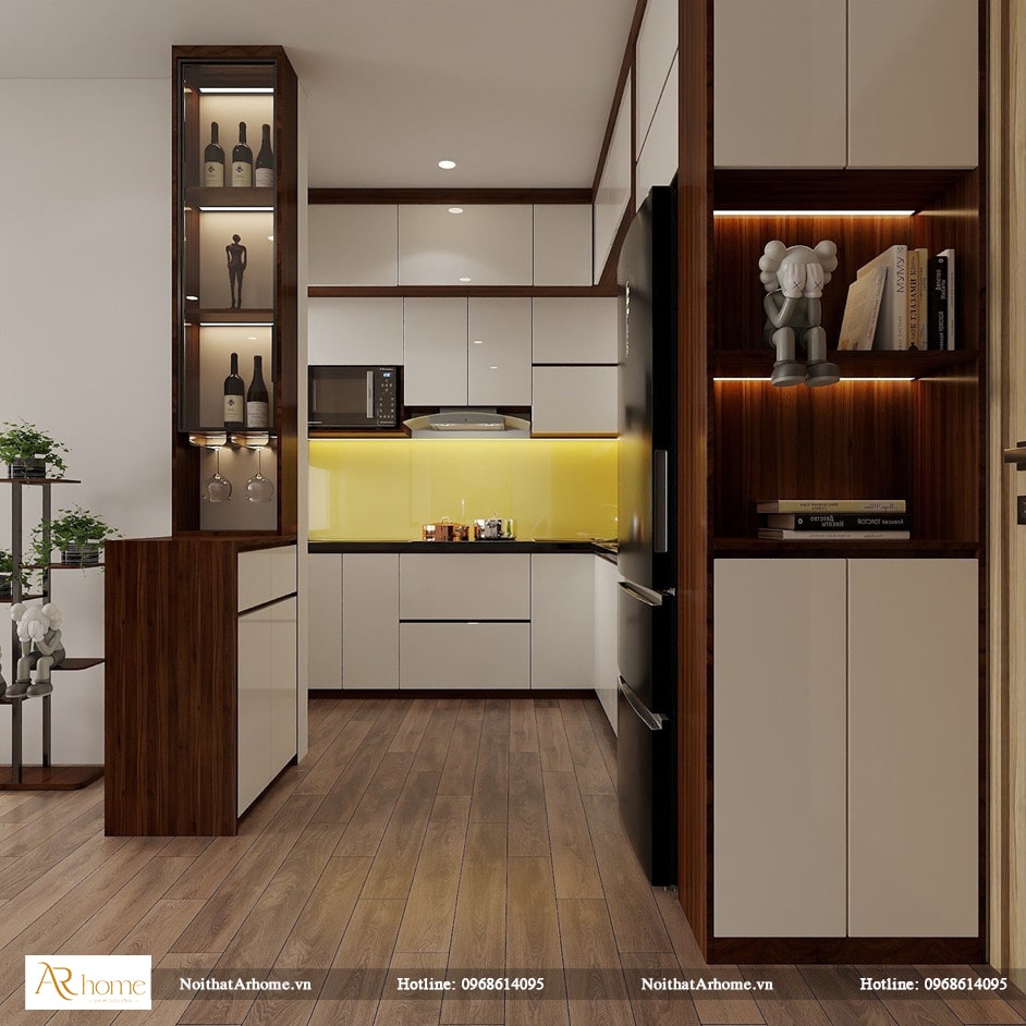 Mẫu tủ bếp Acrylic hình chữ U màu vân gỗ đẹp mắt