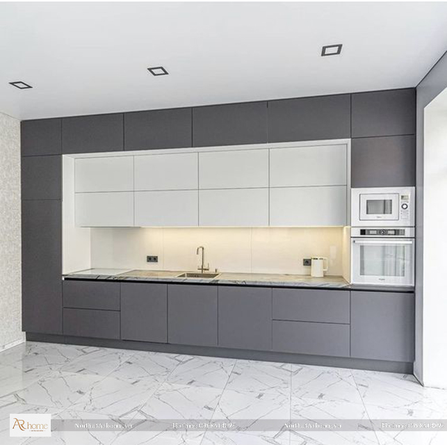 Mẫu tủ bếp acrylic màu xám chữ I sang trọng