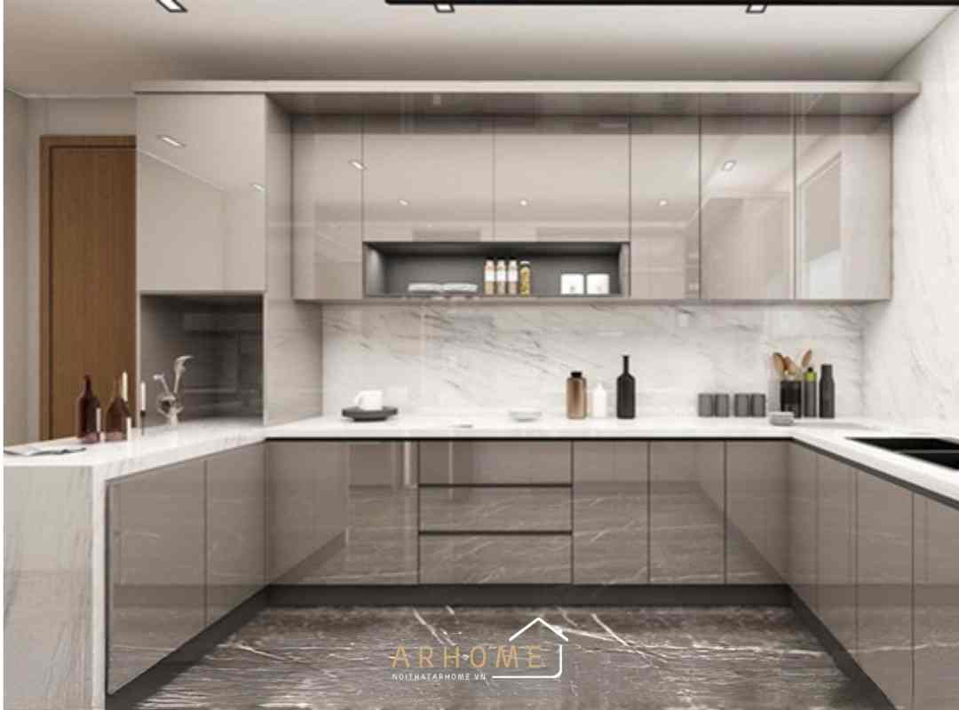 Mẫu tủ bếp Acrylic màu xám đa phong cách và tinh tế