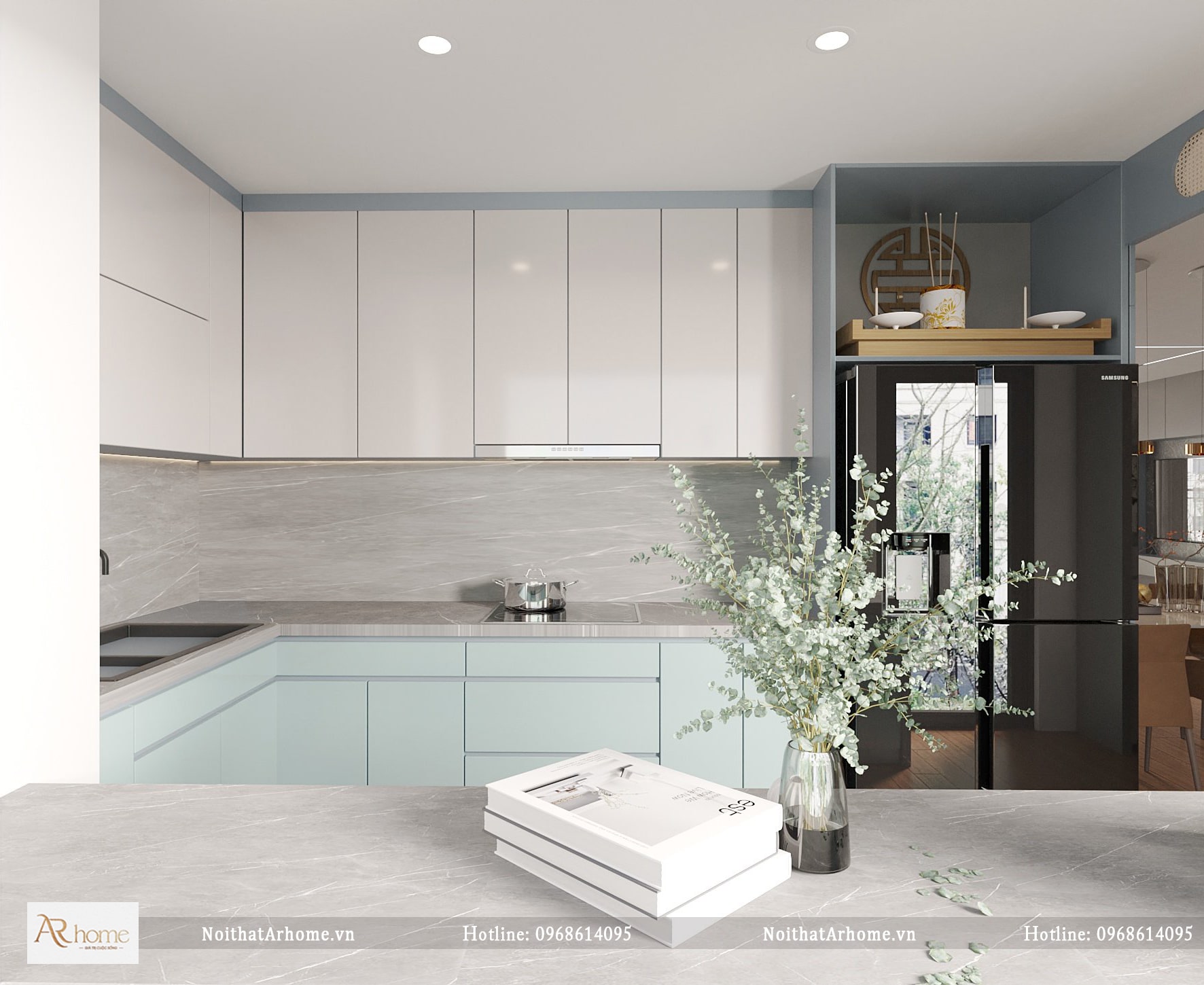 Thiết kế tủ bếp cánh acrylic kết hợp với quầy bar