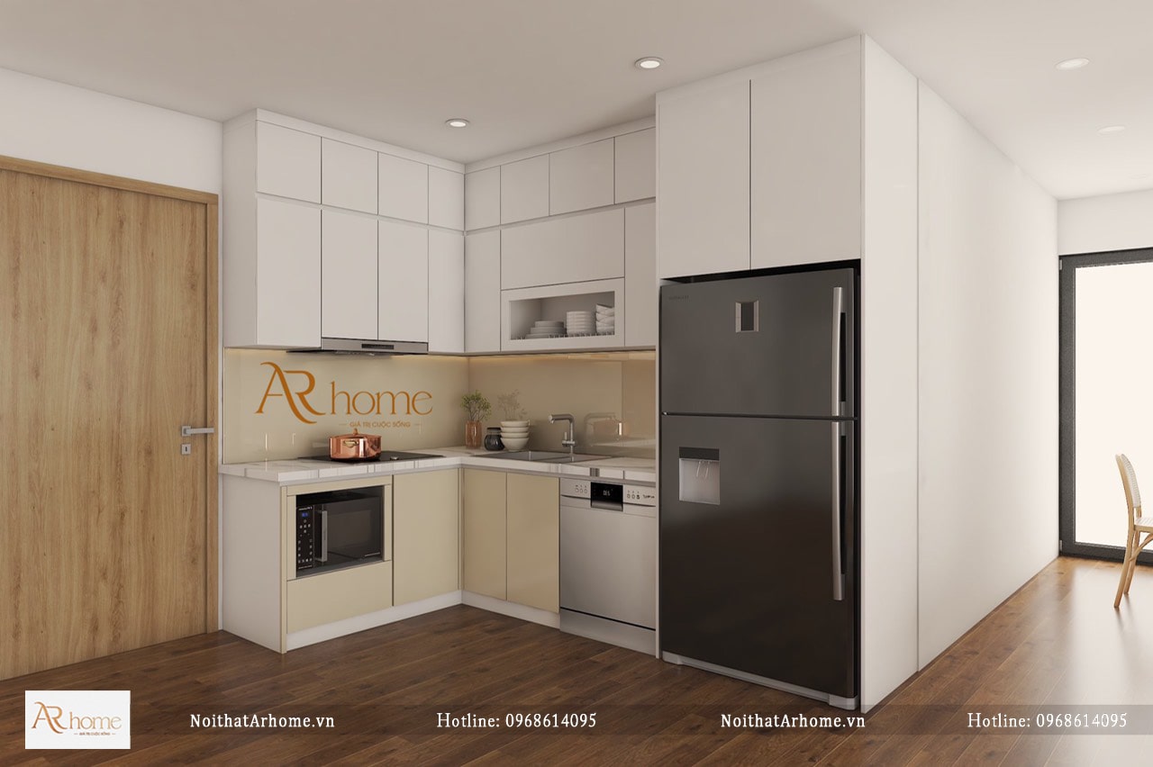 Tủ bếp cánh acrylic màu vàng nhạt