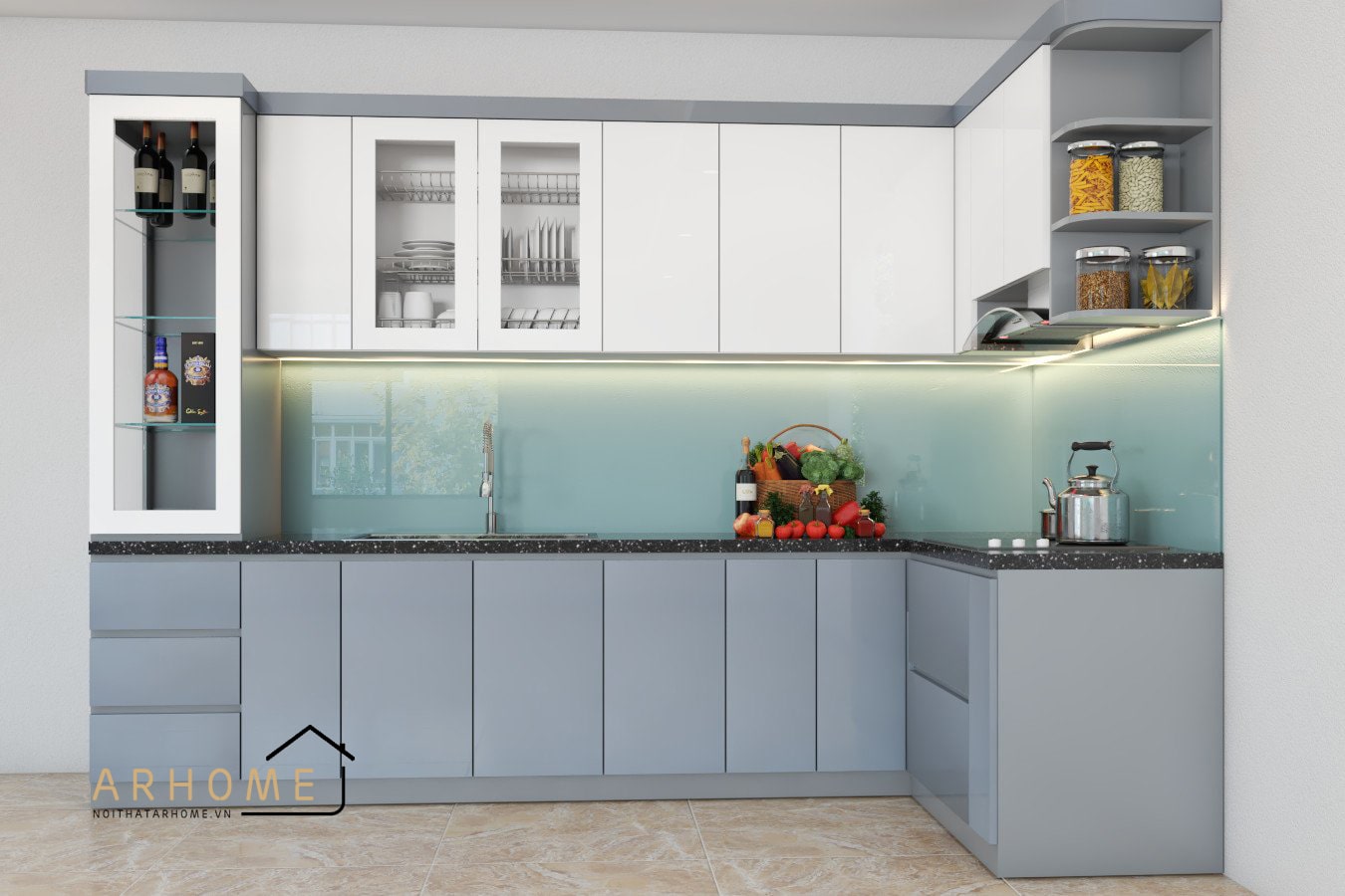 Mẫu tủ bếp cánh kính kèm tủ rượu chữ L