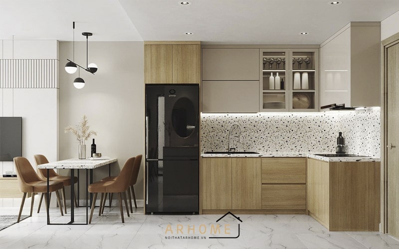 Tủ bếp chữ L chất liệu gỗ công nghiệp MDF An Cường