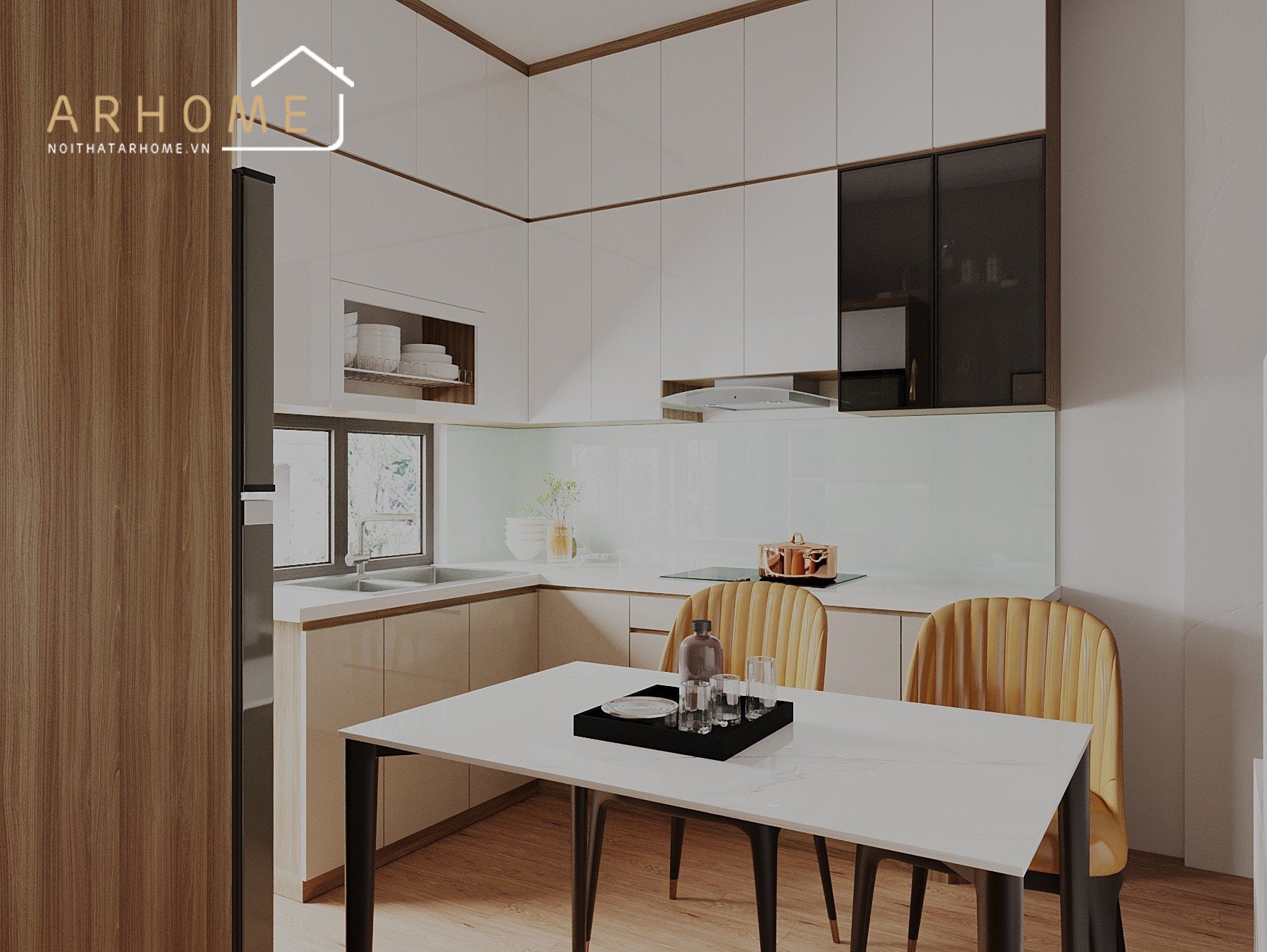 Mẫu tủ bếp chữ U đẹp kết hợp bàn ăn