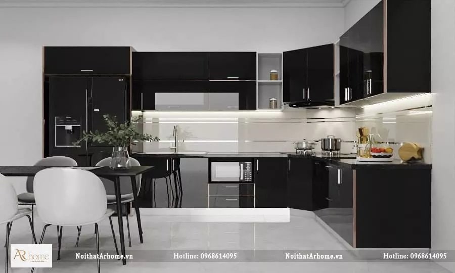 Mẫu tủ bếp đẹp hình chữ l nhôm kính màu đen