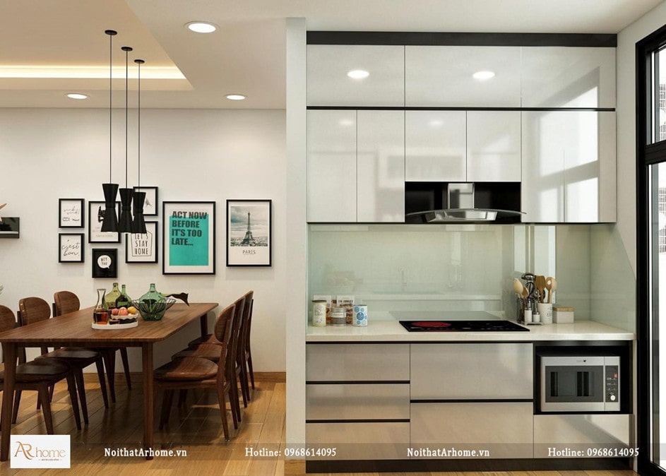 Mẫu tủ bếp nhỏ 2m chất liệu Acrylic tạo cảm giác sang trọng