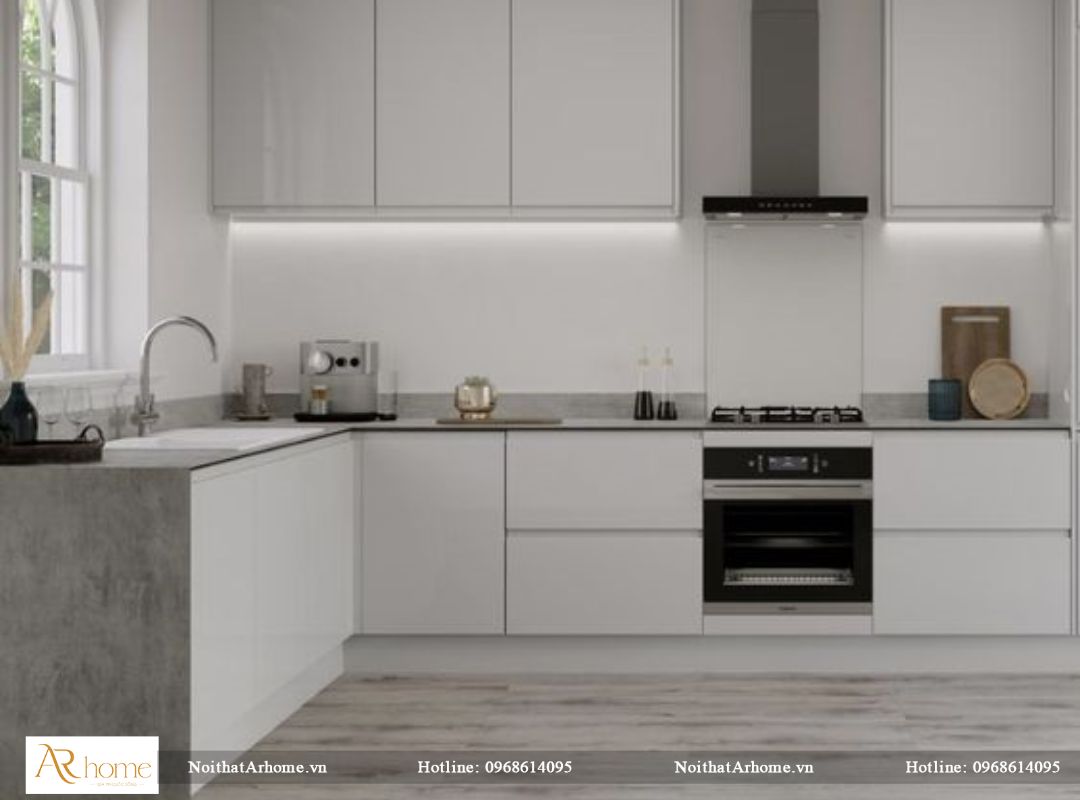Mẫu tủ bếp nhựa PVC phủ Acrylic trắng