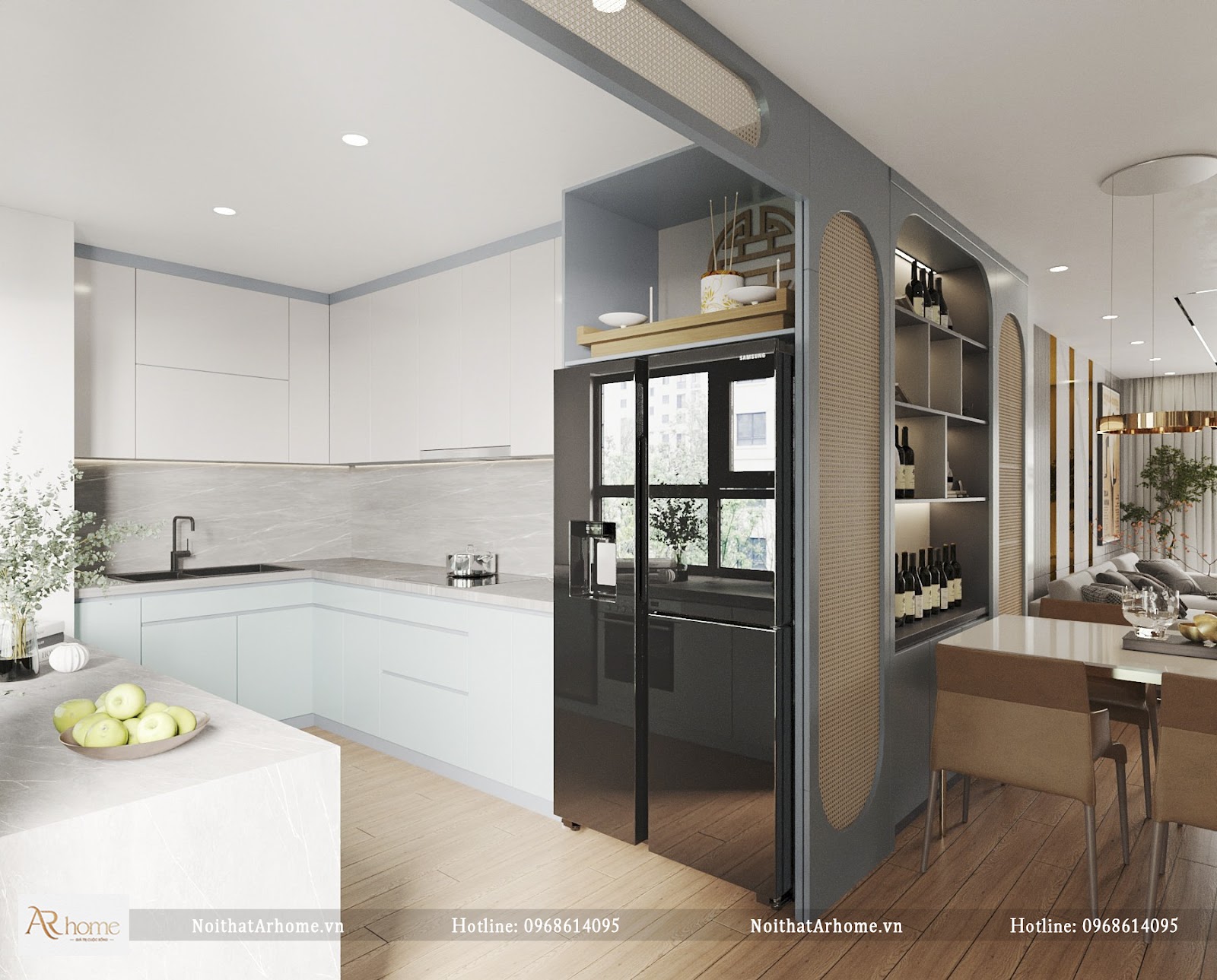 Mẫu tủ bếp nhựa Acrylic kết hợp bàn đảo