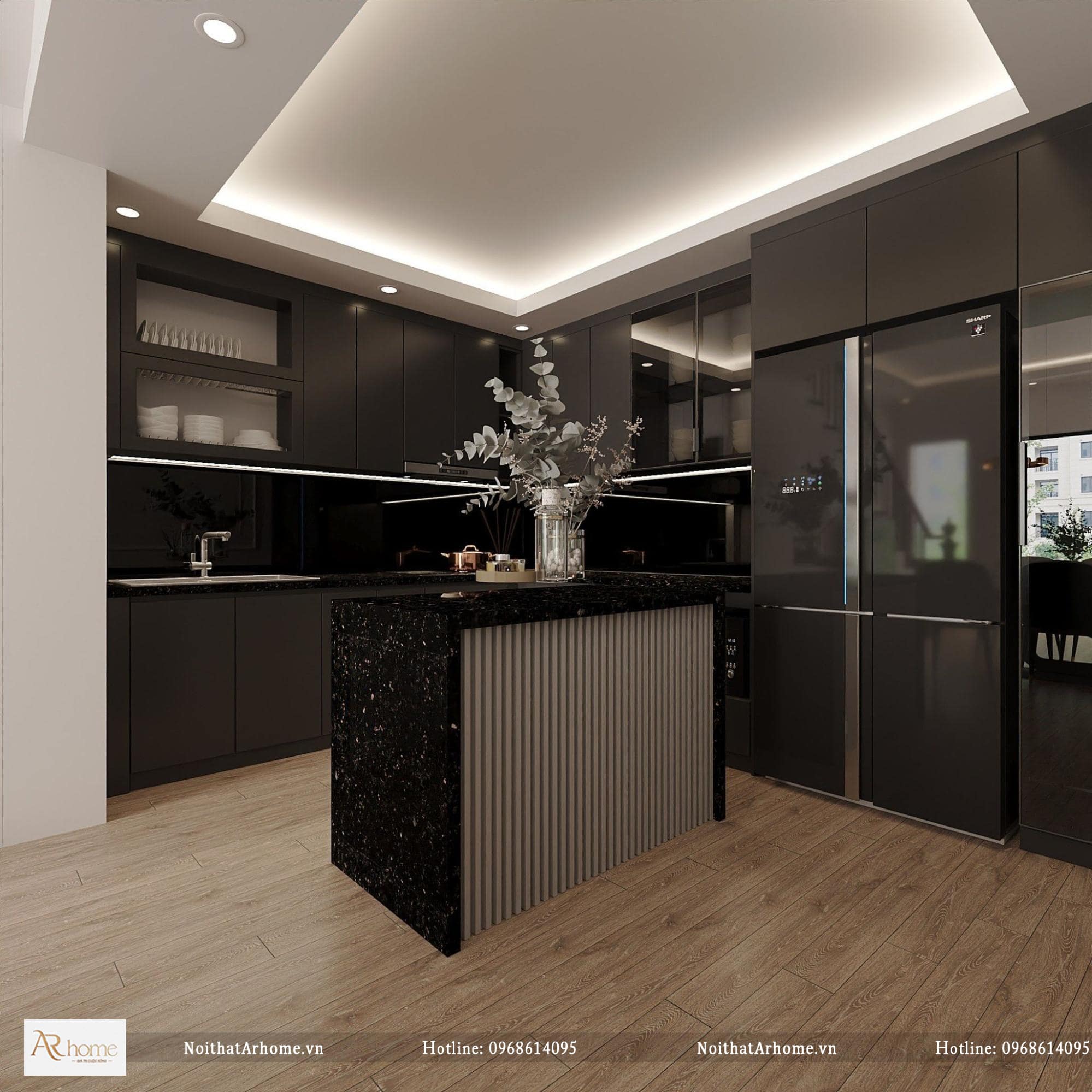 Mẫu tủ bếp nhựa Acrylic màu đen lịch lãm