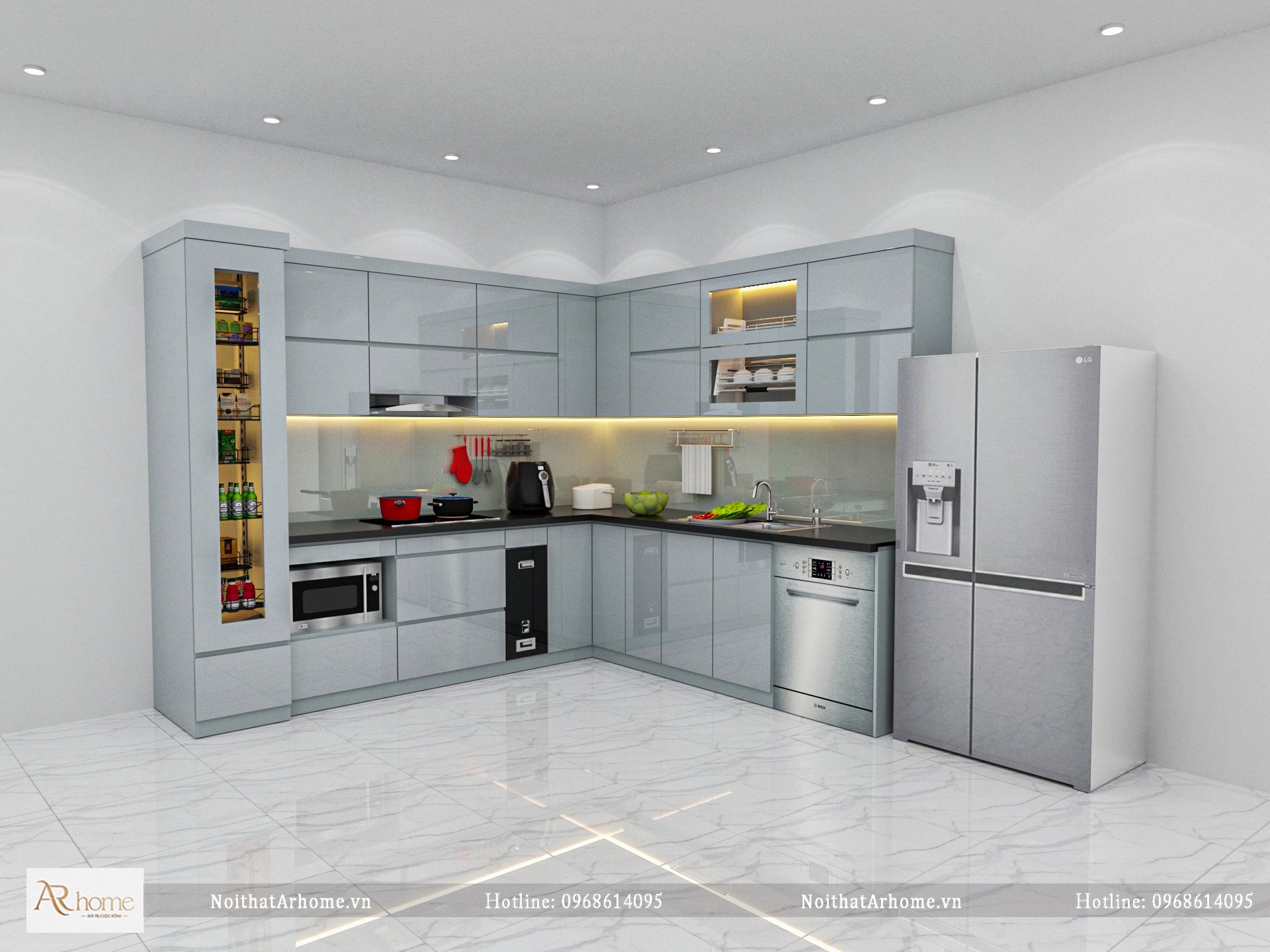 Tủ bếp Acrylic chữ L có khoang lưu trữ độc đáo