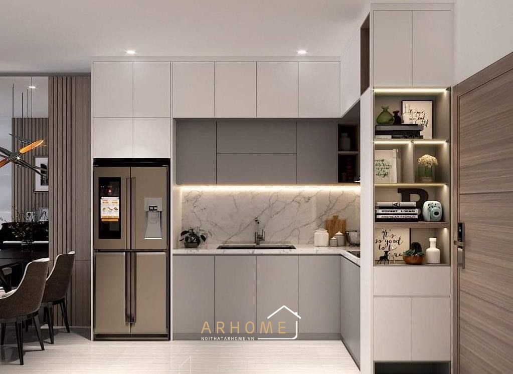 Mẫu tủ bếp phủ Acrylic hình chữ L