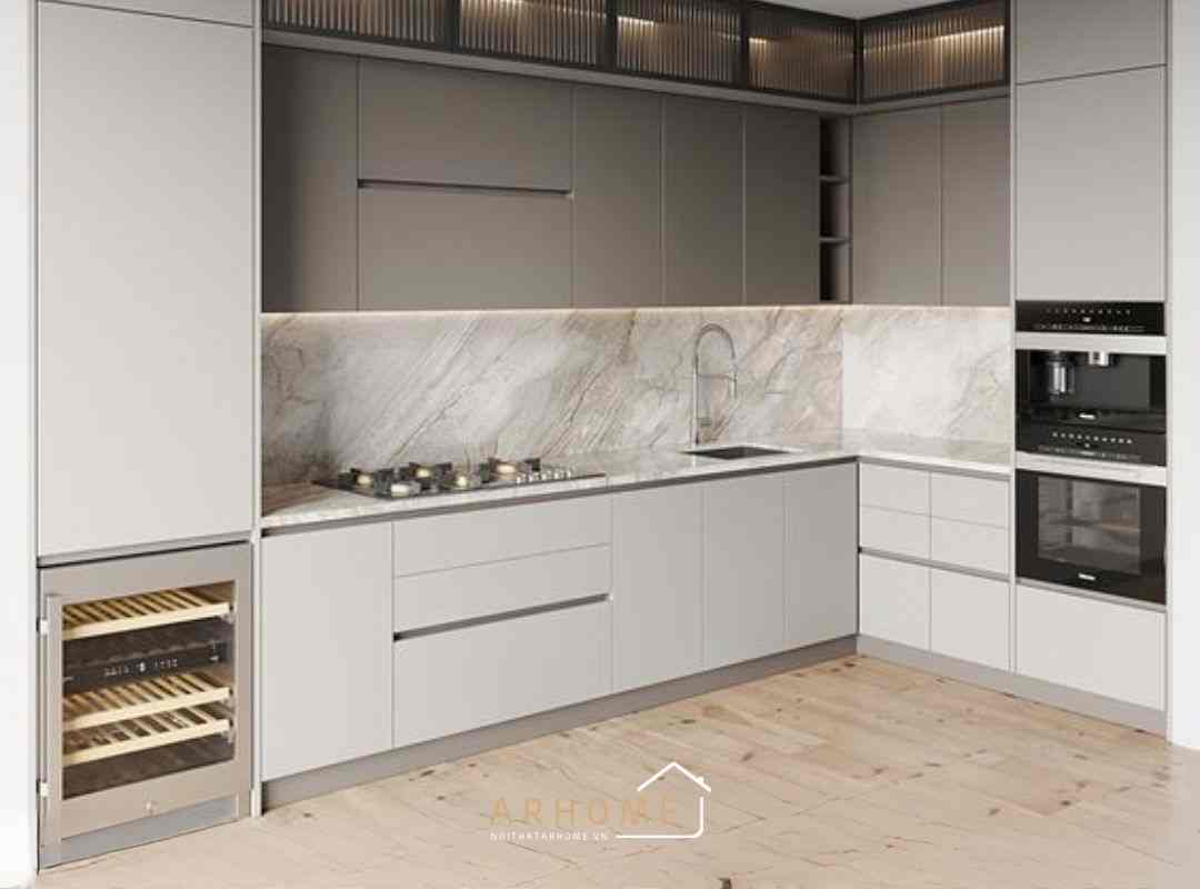 Mẫu tủ bếp thùng nhựa cánh Acrylic màu trắng tinh tế và sáng bóng