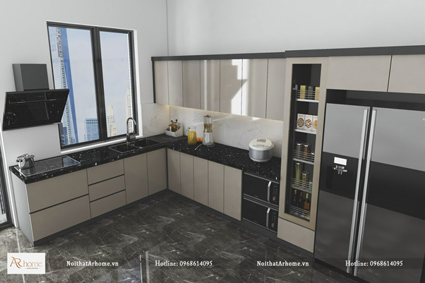 Tủ bếp chất liệu khung inox cánh Acrylic bóng gương chống xước