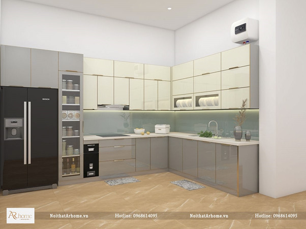 Tủ bếp inox cánh kính tone màu tươi sáng sang trọng