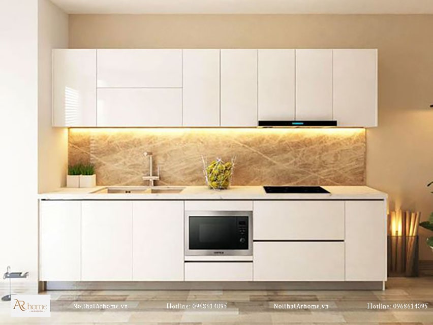 Thiết kế tủ bếp chữ I đẹp kết hợp đèn LED